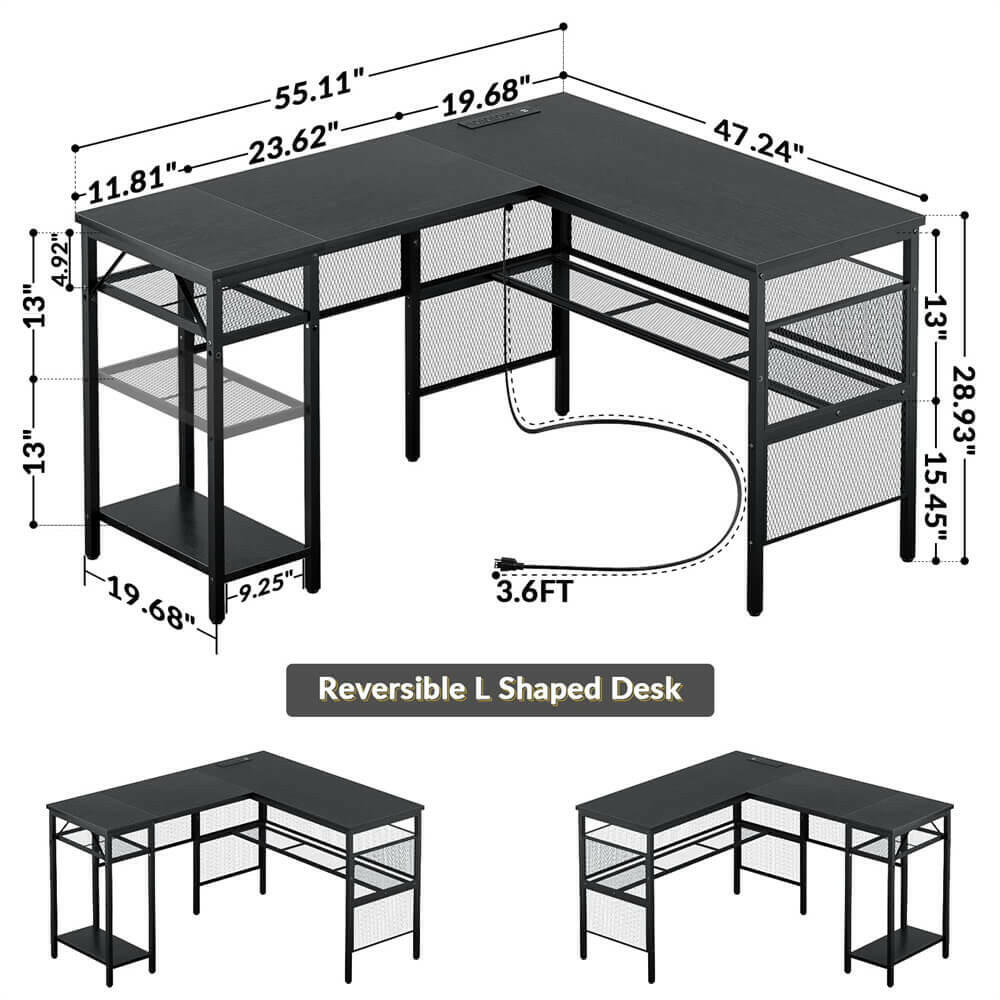 Unikito L Shaped Computer Desk with Power Outlet and USB Charging Port, Reversible L-Shaped Office Desks with Storage Shelves, Unique Grid Design, 2 Person Corner Desk for Home Office