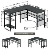 Unikito L Shaped Computer Desk with Power Outlet and USB Charging Port, Reversible L-Shaped Office Desks with Storage Shelves, Unique Grid Design, 2 Person Corner Desk for Home Office