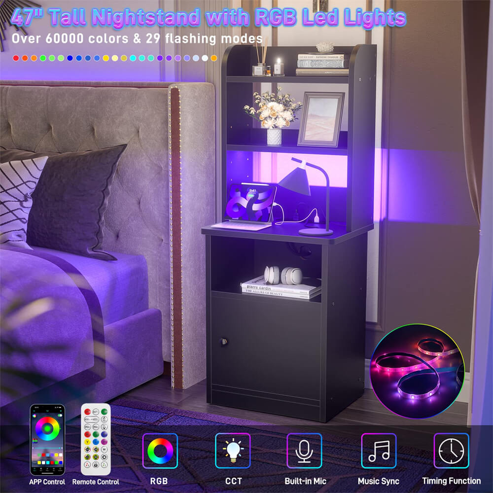 Tall Nightstand with Charging Station and LED Lights, 47 inch Height, with Bookshelf and Storage Cabinet