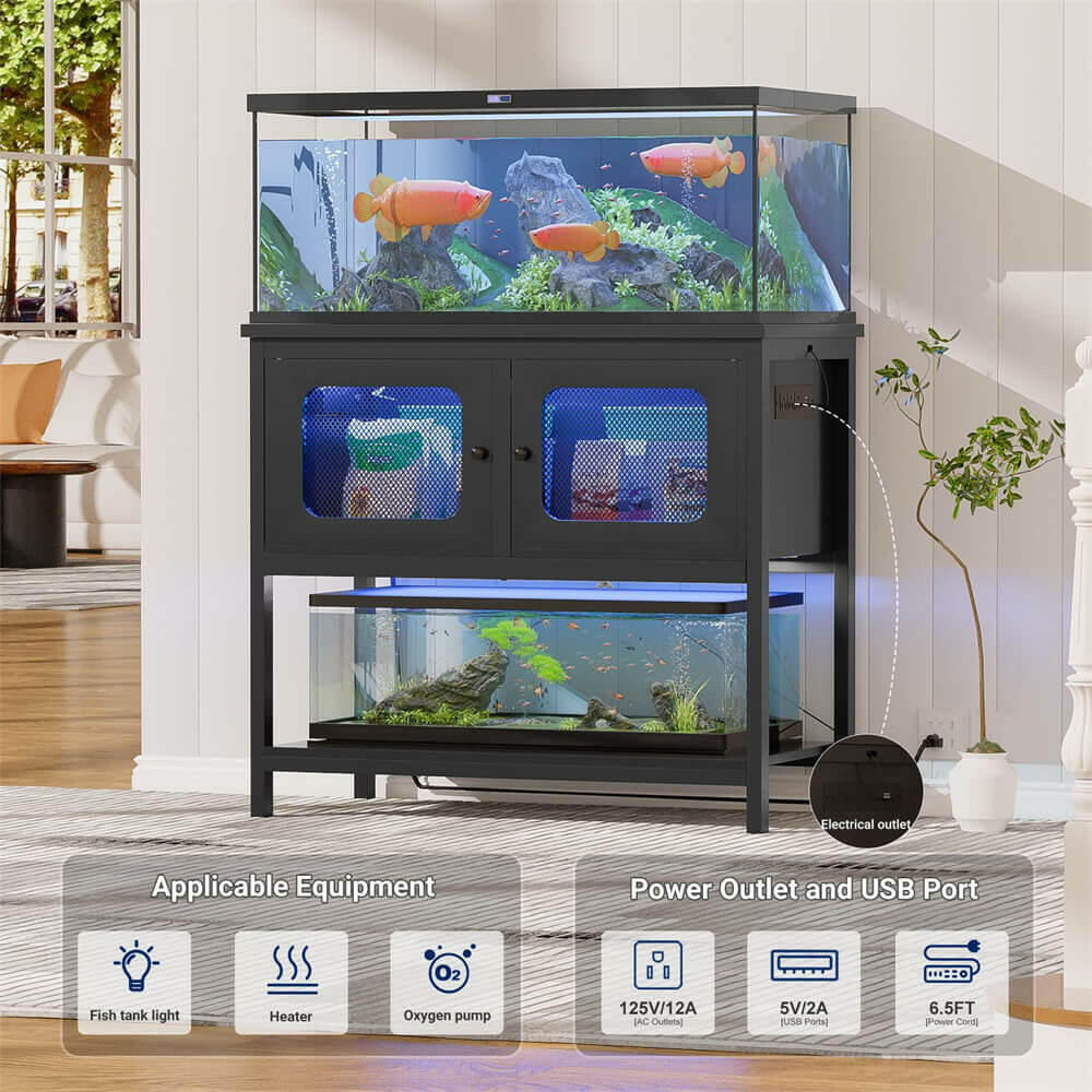 Unikito 40 Gallon Fish Tank Stand with LED Light and Outlet, Metal Aquarium Stand with Cabinet and Accessories Storage, Reptile Tank Turtle Terrariums Table Stand Hold 880LBS and 2 Aquariums