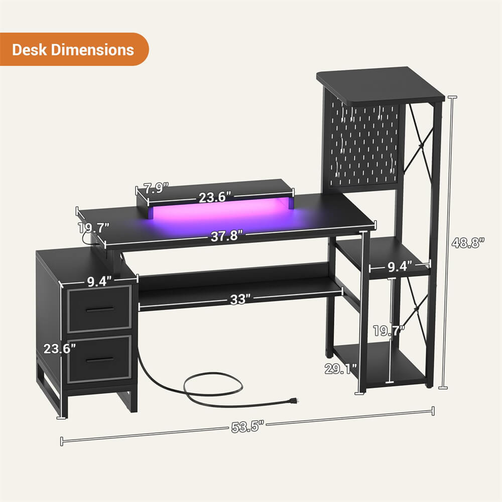 53 Inch Computer Desk with 2 Fabric Drawers, Reversible Home Office Desk with LED Lights, Power Outlets, Side Tall Shelf