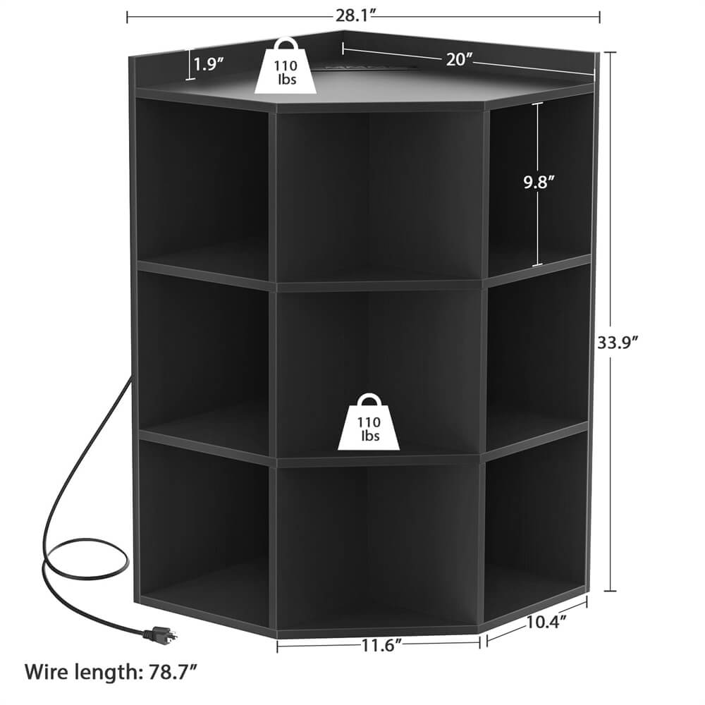 3-Tier Wooden Corner Storage Cabinet Bookshelf with Power Outlets and 9 Cubes