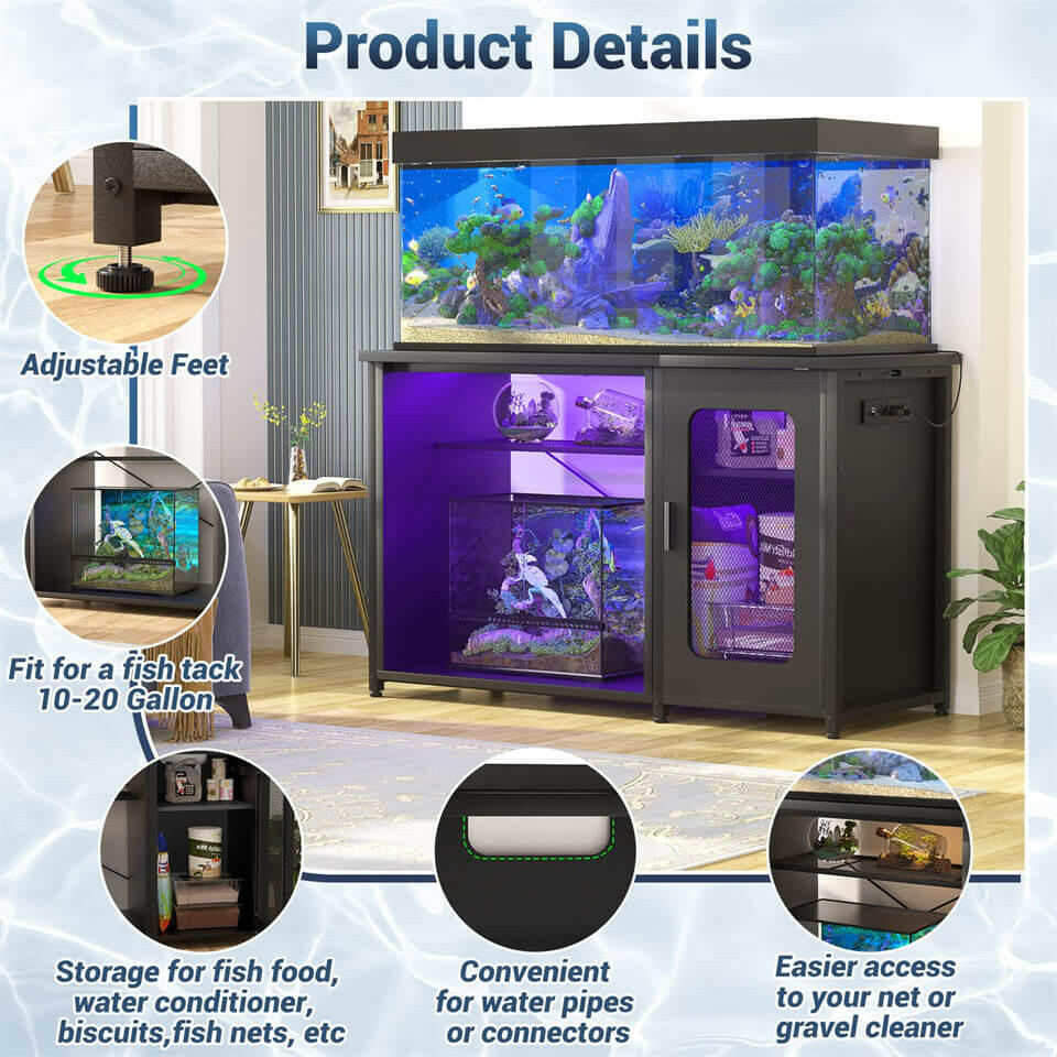 Unikito 55-75 Gallon Aquarium Stand with Power Outlets & LED Light, Reversible Fish Tank Stand with Cabinet for Fish Tank Accessories Storage, Heavy Duty Metal Frame, 880LBS Capacity