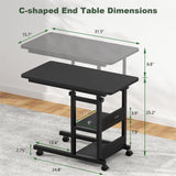 2-Tier Height Adjustable C Shaped End Table with Charging Station, with USB Ports and Wheels