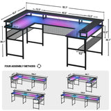 Unikito U Shaped Computer Desks, Reversible Office Desk with LED Strip and Power Outlets, L Shaped Table with Full Monitor Stand and Storage Shelves, 83 Inch Large U- Shape Gaming Desk