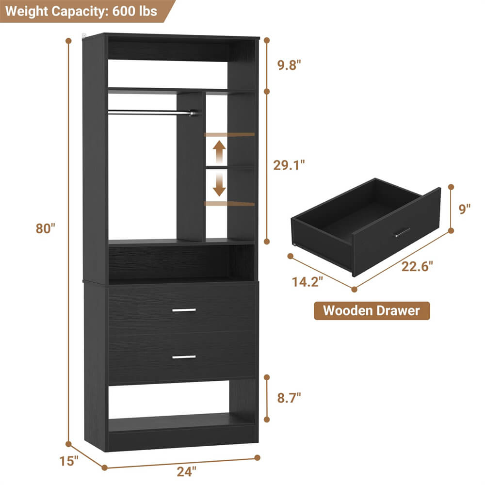 24 Inch Freestanding Closet System with 2 Wood Drawers, 2FT Small Closet Organizer System with Hanging Rod & Shelves, 24" L x 15" W x 80" H