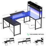 Unikito U Shaped Desk with Hutch, Reversible L Shaped Computer Desk with Power Outlets and LED Strip, Large Office Table with Monitor Stand, Large U Shape Gaming Desk