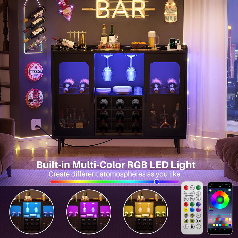 Unikito Wine Bar Cabinet with Power Outlet, Liquor Cabinet Bar with LED Light and Glass Holder, Home Coffee Bar Cabinet, Buffet Sideboard with Storage Shelf for Kitchen, Dining Room