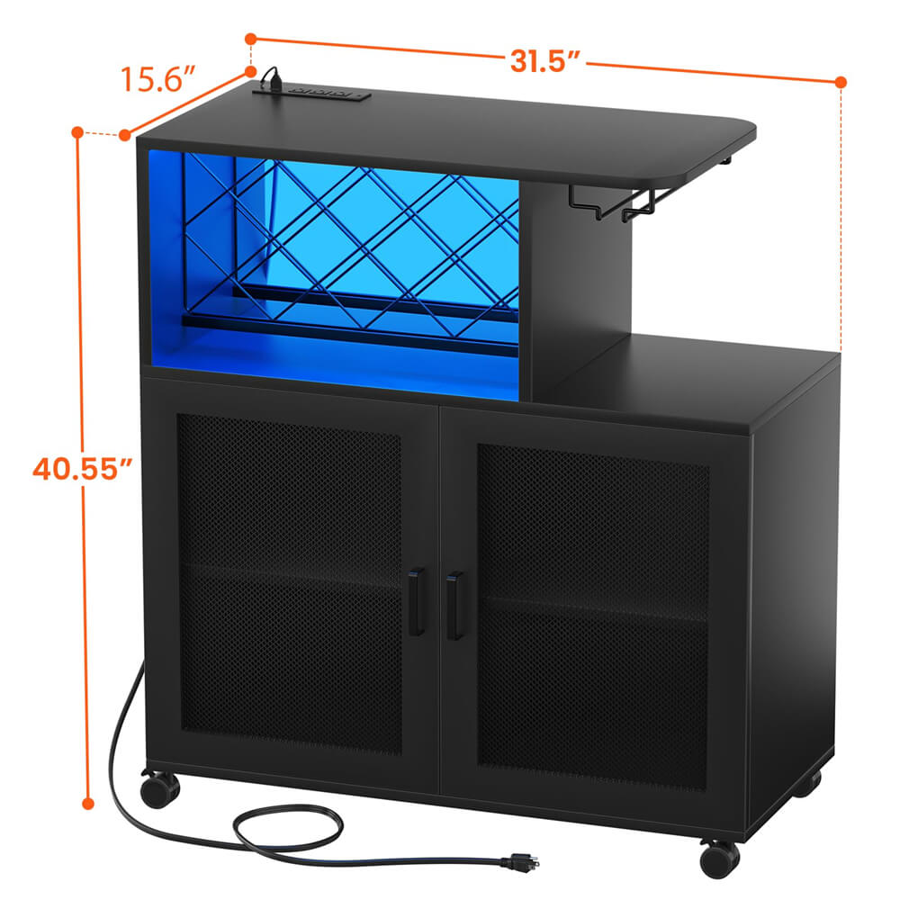 Unikito Wine Bar Cabinet with Wheels, Small Liquor Cabinet with LED Light, Home Bar Cart with Power Outlets, Coffee Bar with Wine Rack, Glasses Storage for Kitchen, Dining Room, Living Room