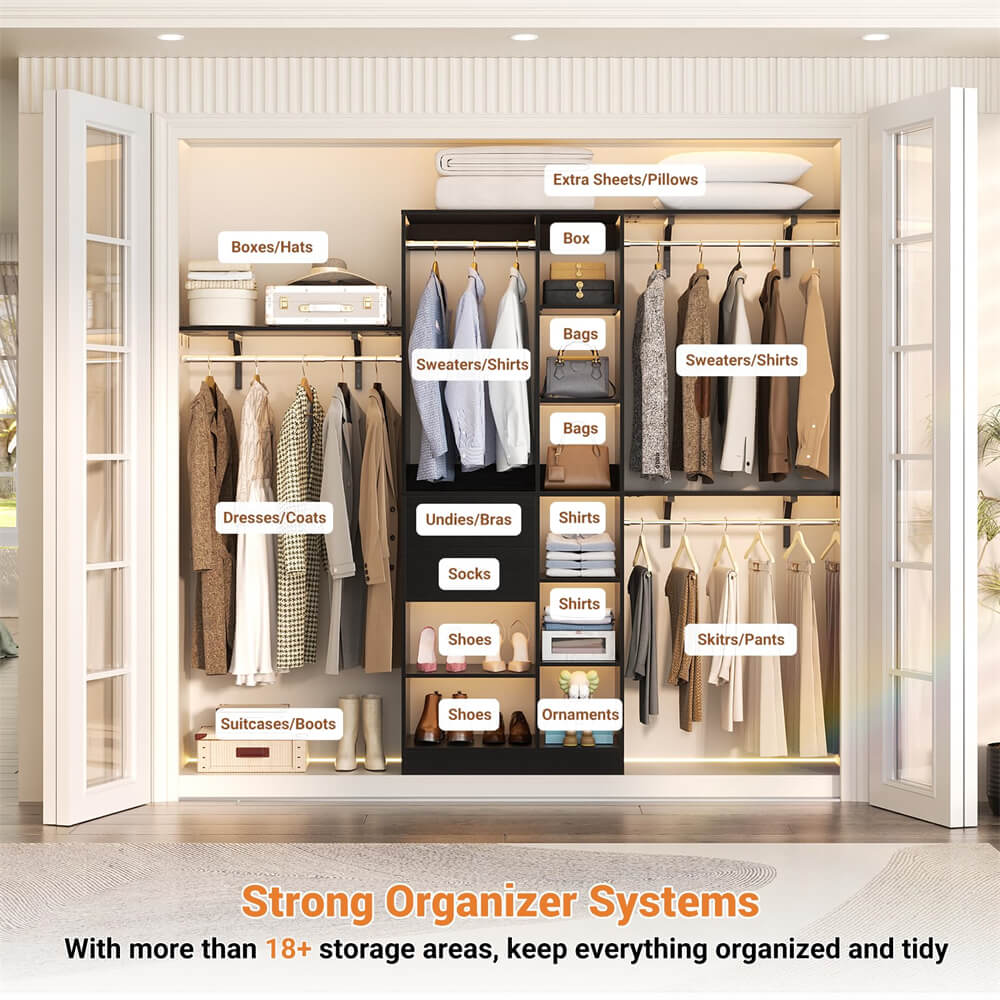 8FT Heavy Duty Closet Organizer System, Walk In Closet System with 13 Shelves and 2 Wood Drawers