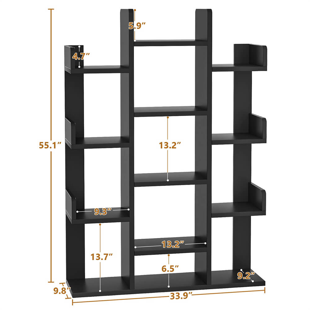 Tall Wooden Bookshelf, Tree-Shaped Bookcase Storage Shelf with 13 Compartments