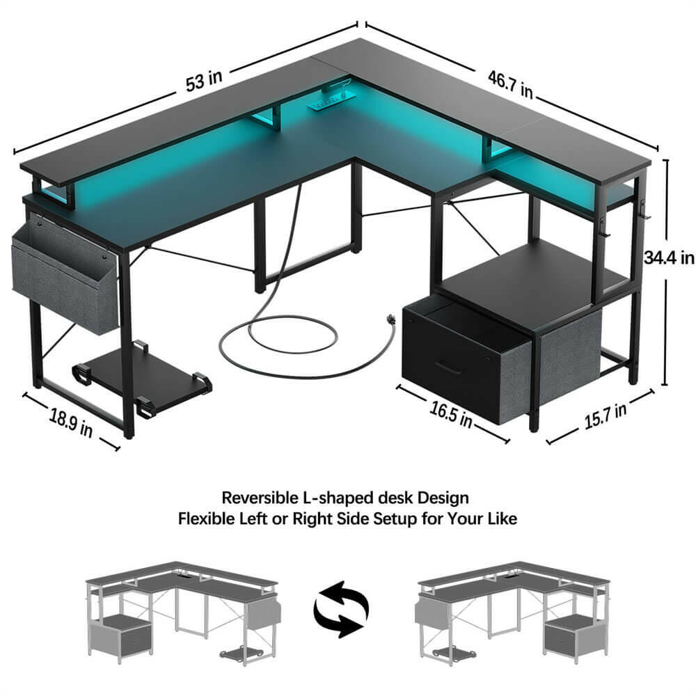 Unikito L Shaped Desk with Power Outlet and LED Strip, Reversible L Shaped Computer Desk with File Drawer, Corner Desk for Gaming Writing, Home Office Desk with Monitor Shelf