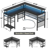 Unikito Reversible L Shaped Desk, Cool 55 Inch Corner Computer Desk with Smart Strip Light and Magic Power Outlet, Sturdy Office Table with Monitor Stand and Shelf, Elegant Grid Design