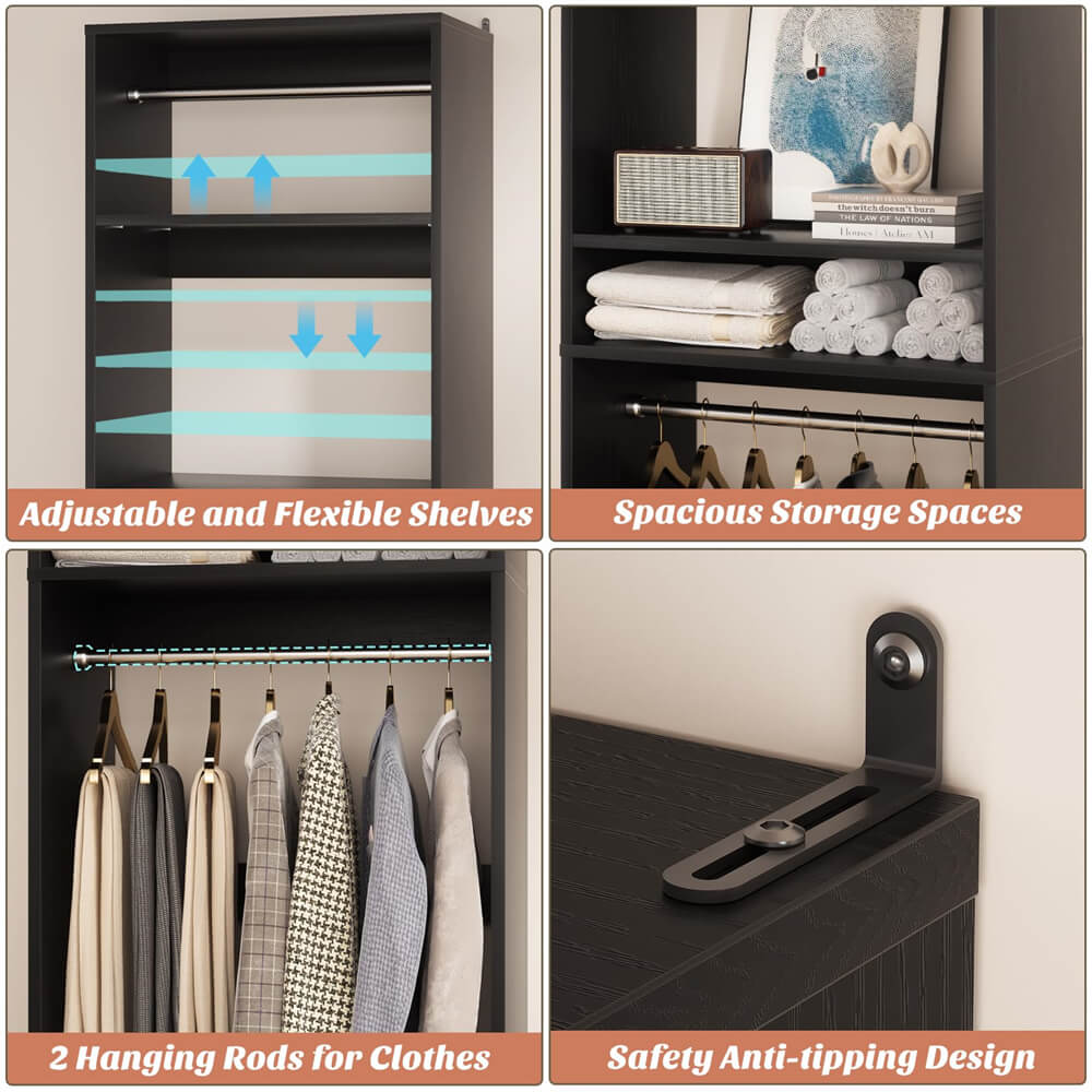 Unikito 25'' Closet System, Freestanding Closet Organizer Wardrobe with Hanging Rods and Shelves, Adjustable Clothes Garment Rack, Sturdy Walk in Closet Tower, 25" W x 16" D x 80" H