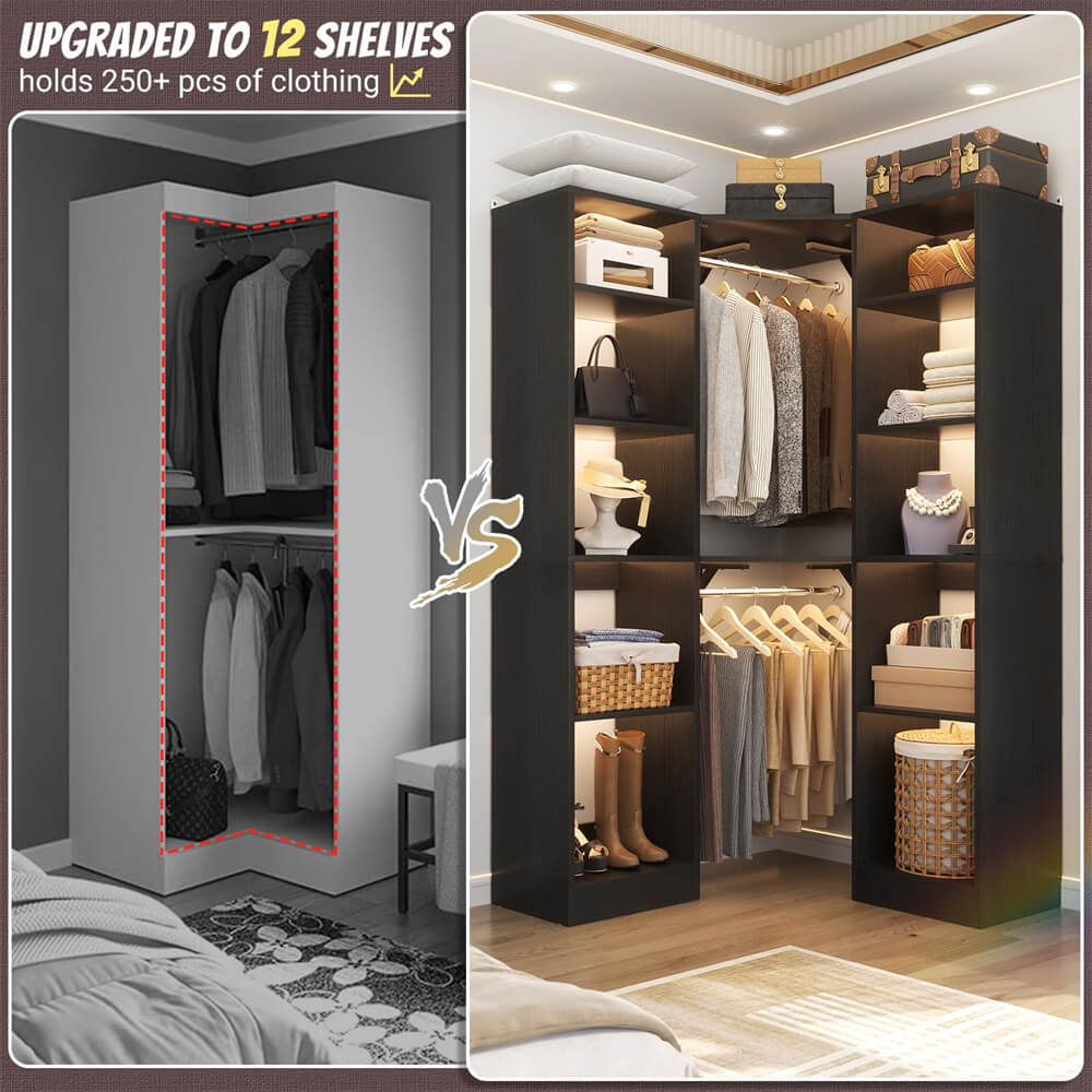 40 Inch L Shaped Corner Closet System, with 12 Shelves, 2 Hanging Rods, 6-Tier Design