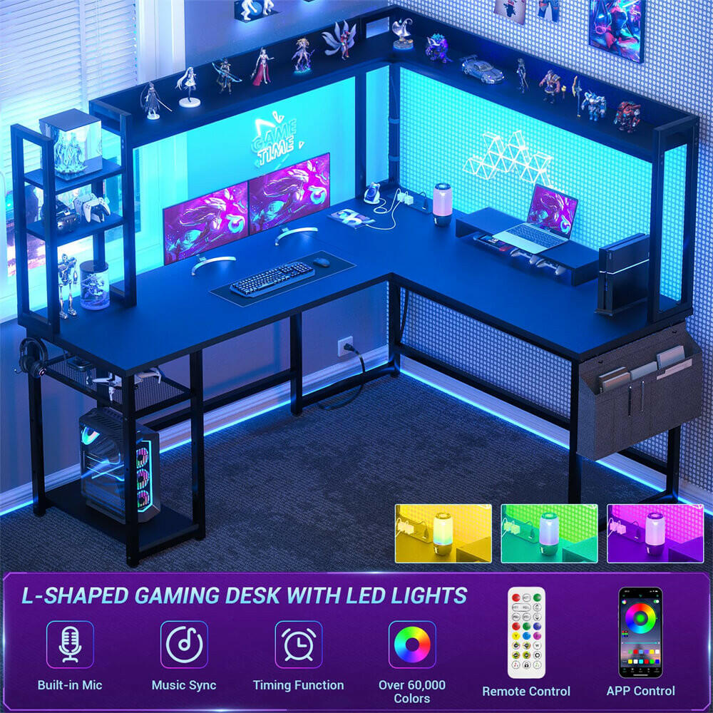 Unikito L Shaped Desk with Power Outlet, L Shaped Gaming Desk with Led Light & Hutch, Reversible Home Office Desk, Corner Computer Desk Writing Desk with Monitor Stand & Storage Shelves