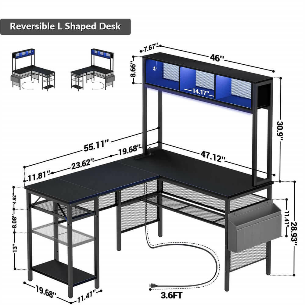 Unikito L Shaped Computer Desk with LED Strip and Power Outlets, Reversible L-Shaped Corner Desk with Storage Shelves and Bag, Industrial Home Office Desk Gaming Table with USB Port