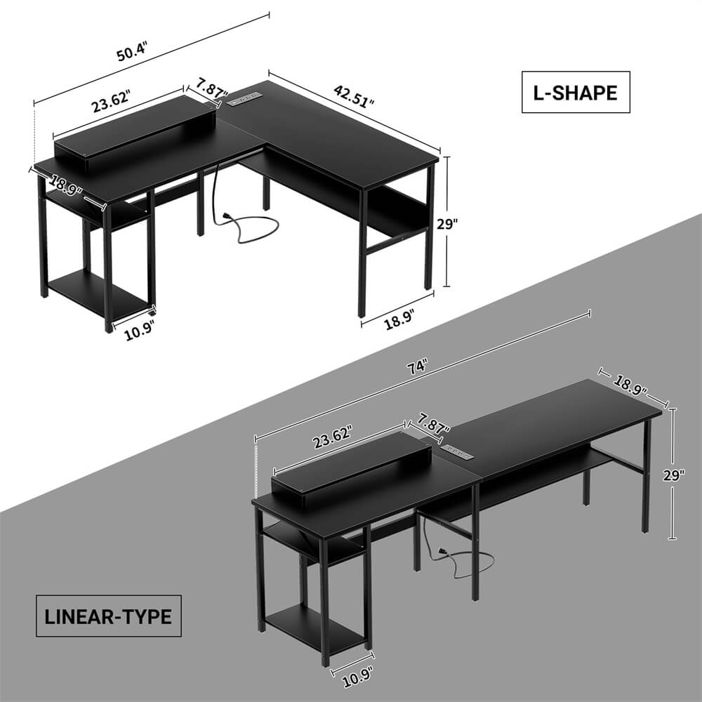 Unikito Reversible L Shaped Desk with Power Outlets and RGB LED Light, Sturdy Computer Desk with Ergonomic Monitor Stand and Storage Shelves, Corner Desk for Home Office, Easy Assembly