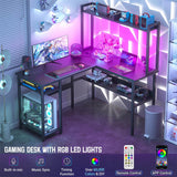 Unikito L Shaped Gaming Desk with RGB LED Strip and Power Outlets, Reversible Corner L Shaped Office Desk with Storage Shelves, Corner Desk with Hutch, Ideal Home Office Desks