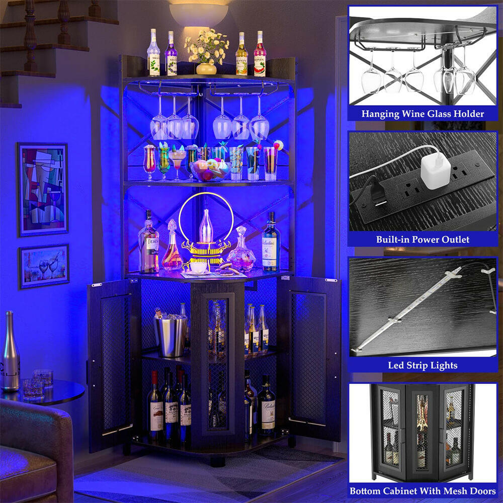 Unikito Corner Bar Cabinet with Power Outlet, Industrial Wine Cabinet with LED Strip and Glass Holder, 5-Tiers Liquor Cabinet Bar Unit for Home, Corner Display Cabinet for Small Space