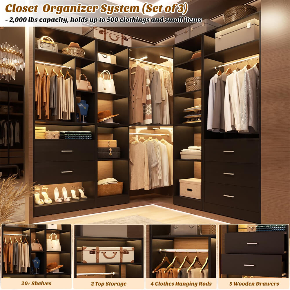 3-In-1 Freestanding Closet System, Closet Organizer with 5 Wood Drawers, 4 Hanging Rods, Reversible, 63.2"L x 63.2"W x 80"H, Load 2000+LBS