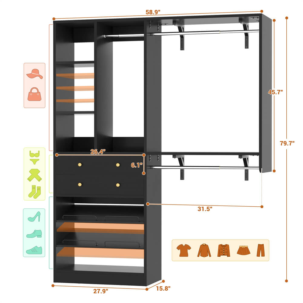 5FT Closet System with 2 Wood Drawers, 2 Hanging Rods & Shelf Towers, Reversible, Wall-Mount