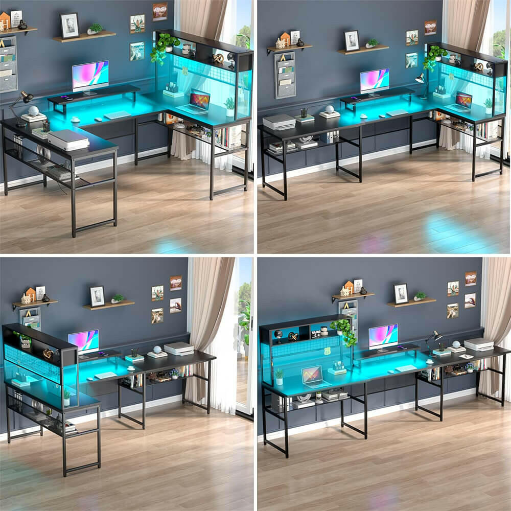 Unikito U Shaped Desk with Hutch, Reversible L Shaped Computer Desk with Power Outlets and LED Strip, Large Office Table with Monitor Stand and Storage Shelves, 83 Inch U Shape Gaming Desk