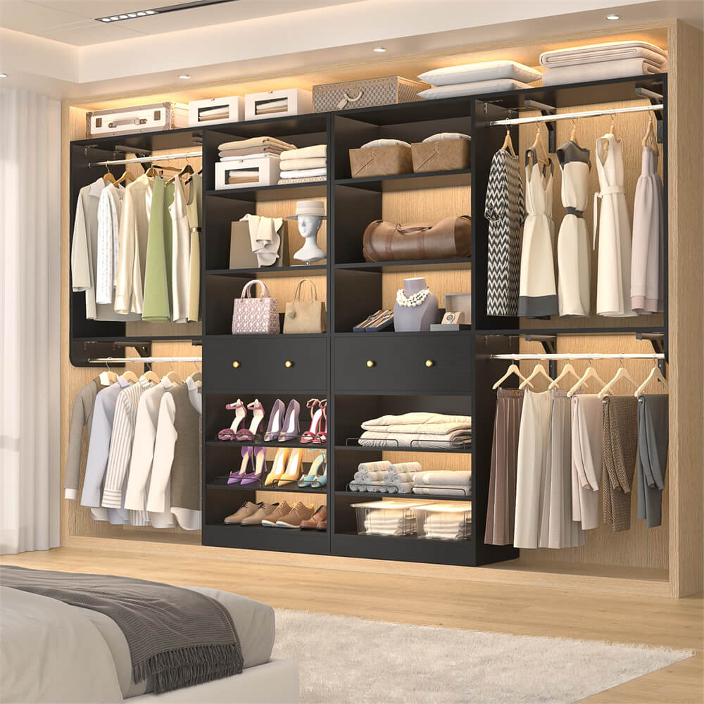 5FT Closet System with Drawer, Reversible Wood Closet Organizer with Hanging Rods, Hanging Shelves, and Shoe Rack