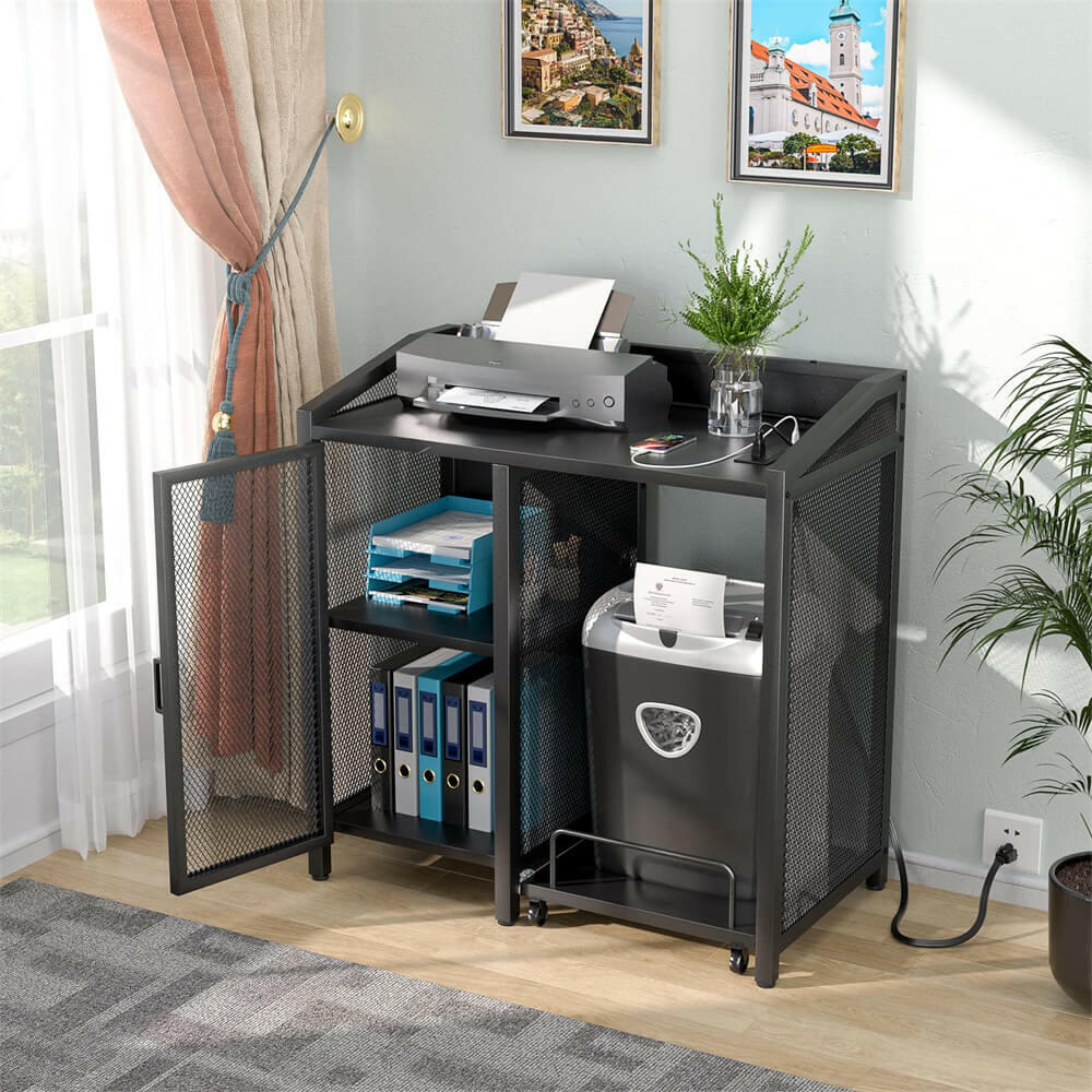 Unikito 3-Tier Lateral Office Filing Cabinets with Socket and USB Charging Port, Modern Printer Stand and Paper Shredder Stand Rack with Wheels, and Open Storage Shelves for Home Office