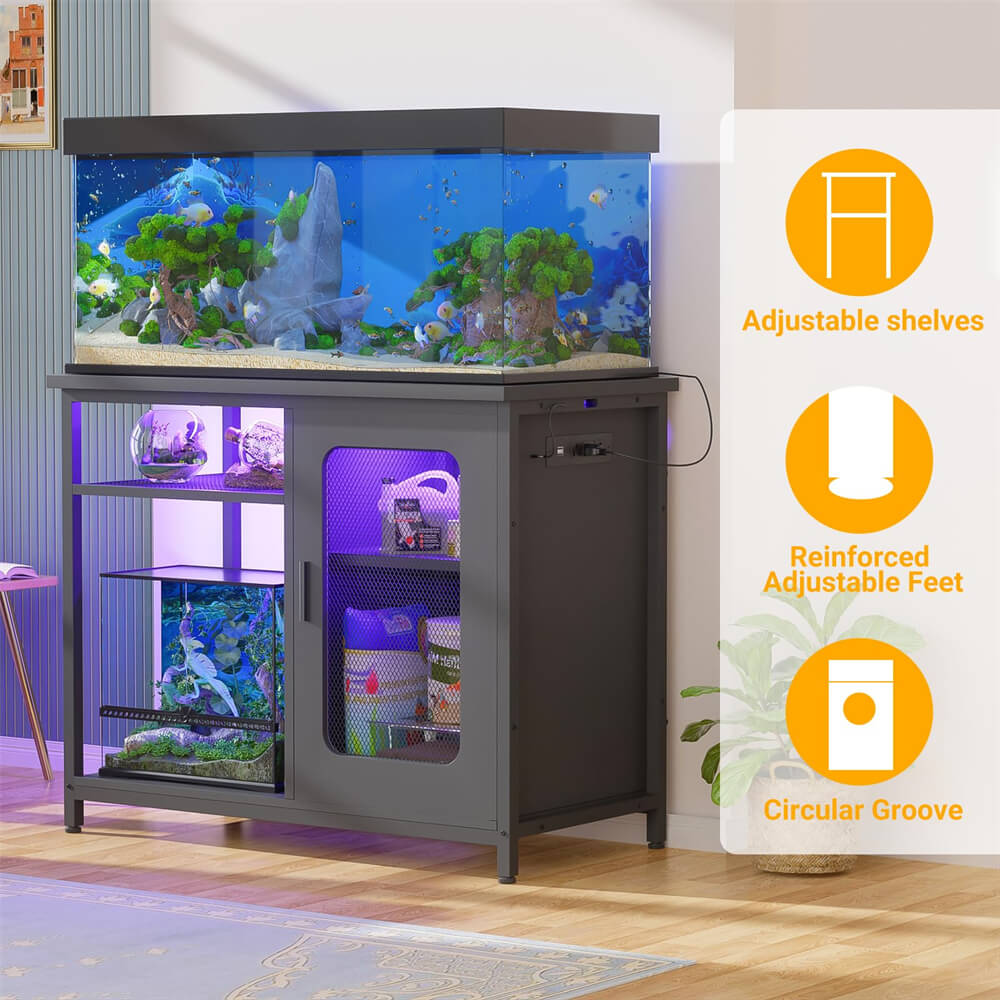 Unikito 20-29 Gallon Fish Tank Stand with Outlets and LED Light, Reversible Metal Aquarium Stand with Cabinet for Fish Tank Accessories Storage, Suitable for Reptile Terrarium, Turtle Tank