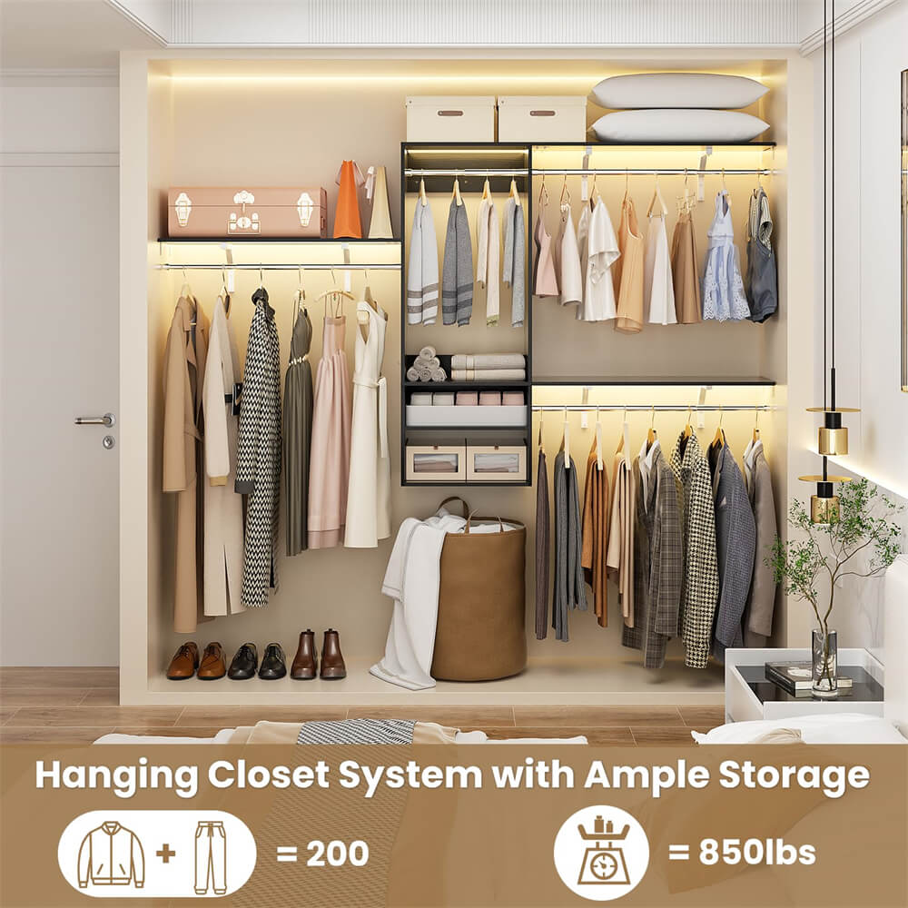 96 Inch Hanging Closet System, Wall Mounted Closet Wardrobe with Hanging Rod, and 3 Shelving Towers(Can Be Cut To Fit), DIY Support