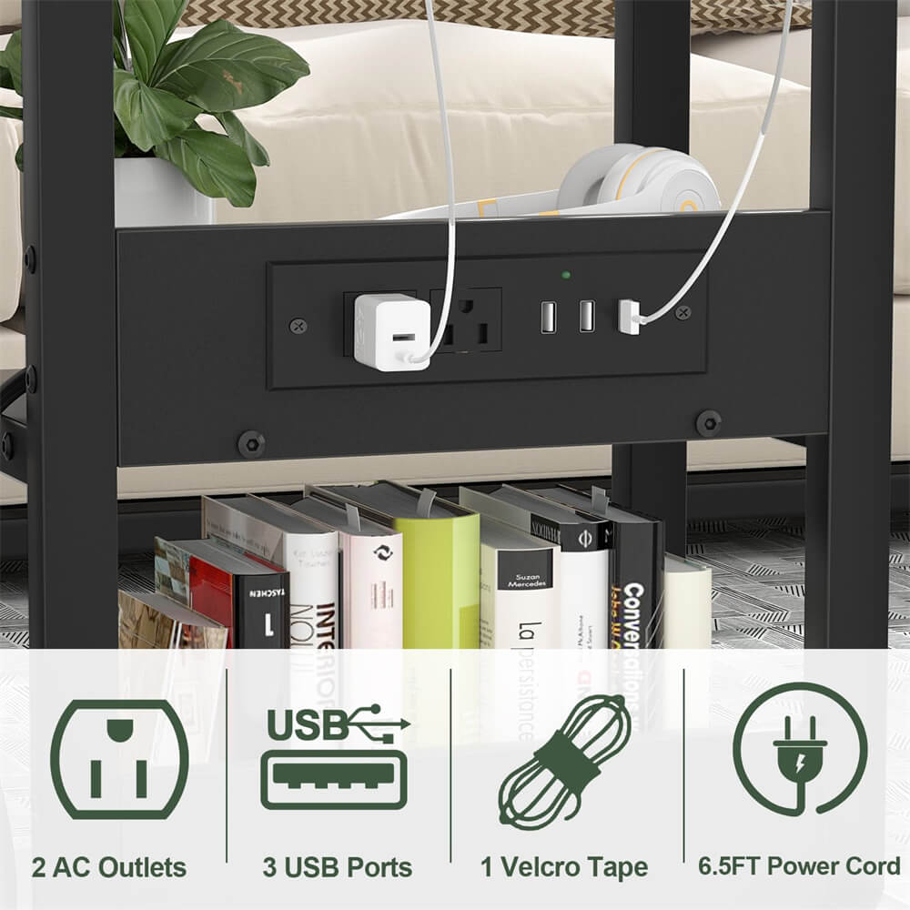 2-Tier Height Adjustable C Shaped End Table with Charging Station, with USB Ports and Wheels