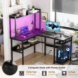 Unikito L Shaped Gaming Desk with RGB LED Strip and Power Outlets, Reversible Corner L Shaped Office Desk with Storage Shelves, Corner Desk with Hutch, Ideal Home Office Desks