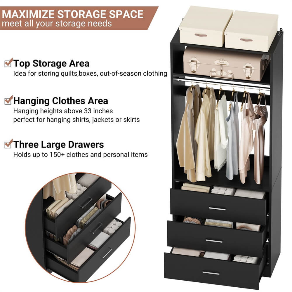 2FT  Freestanding Closet System with 3 Wood Drawers, Closet Organizer with Hanging Rod & Shelves, 24"L x 15" W x 80" H