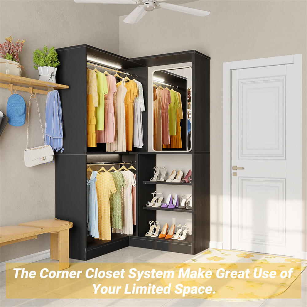 Corner Closet System, 36'' x 36'' Inch Large Freestanding Closet Organizer Tower with 2 Hanging Rods and Shelves