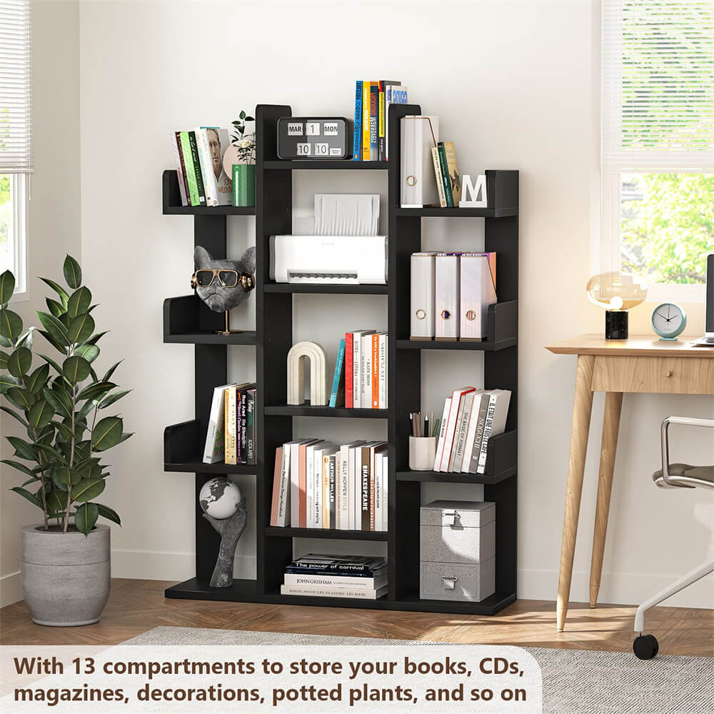 Tall Wooden Bookshelf, Tree-Shaped Bookcase Storage Shelf with 13 Compartments