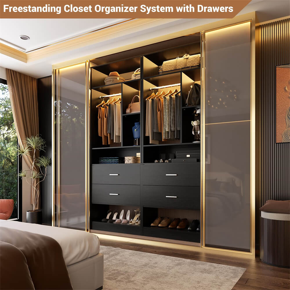 24 Inch Freestanding Closet System with 2 Wood Drawers, 2FT Small Closet Organizer System with Hanging Rod & Shelves, 24" L x 15" W x 80" H