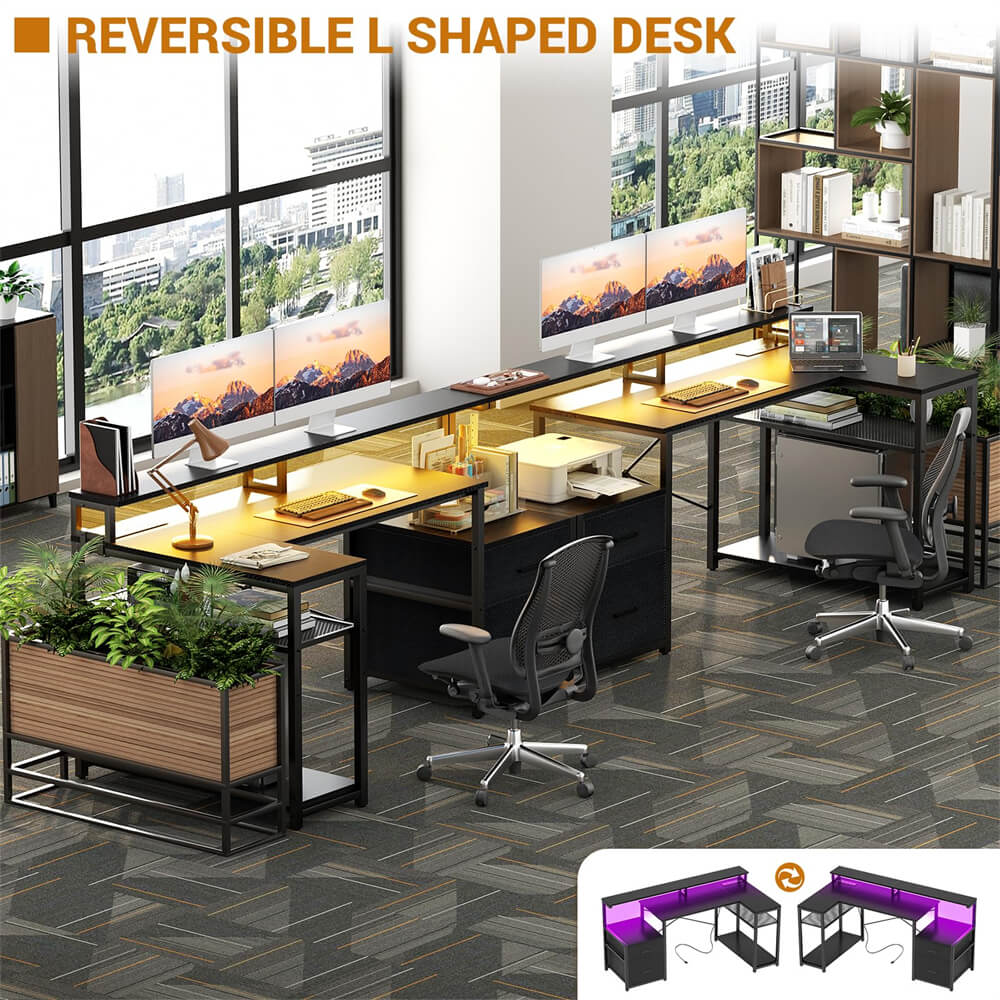 Reversible L Shaped Computer Desk Gaming Desk with File Drawer,  Power Outlet & LED Strip