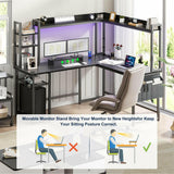 Unikito L Shaped Desk with Power Outlet, L Shaped Gaming Desk with Led Light & Hutch, Reversible Home Office Desk, Corner Computer Desk Writing Desk with Monitor Stand & Storage Shelves