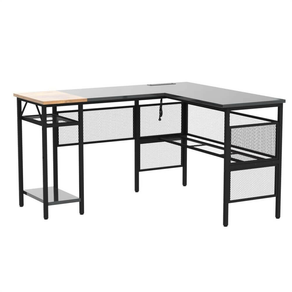 Unikito L Shaped Computer Desk with Power Outlet and USB Charging Port, Reversible L-Shaped Office Desks with Storage Shelves, Unique Grid Design, 2 Person Corner Desk for Home Office