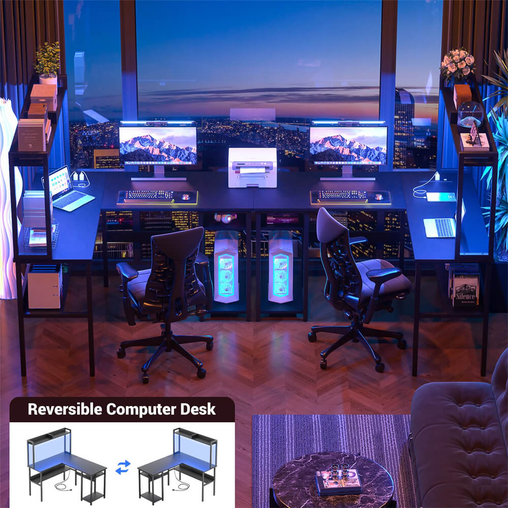 Unikito L Shaped Gaming Desk with RGB LED Strip and Power Outlets, Reversible Corner L Shaped Office Desk with Storage Shelves, Corner Desk with Hutch, Ideal Home Office Desks