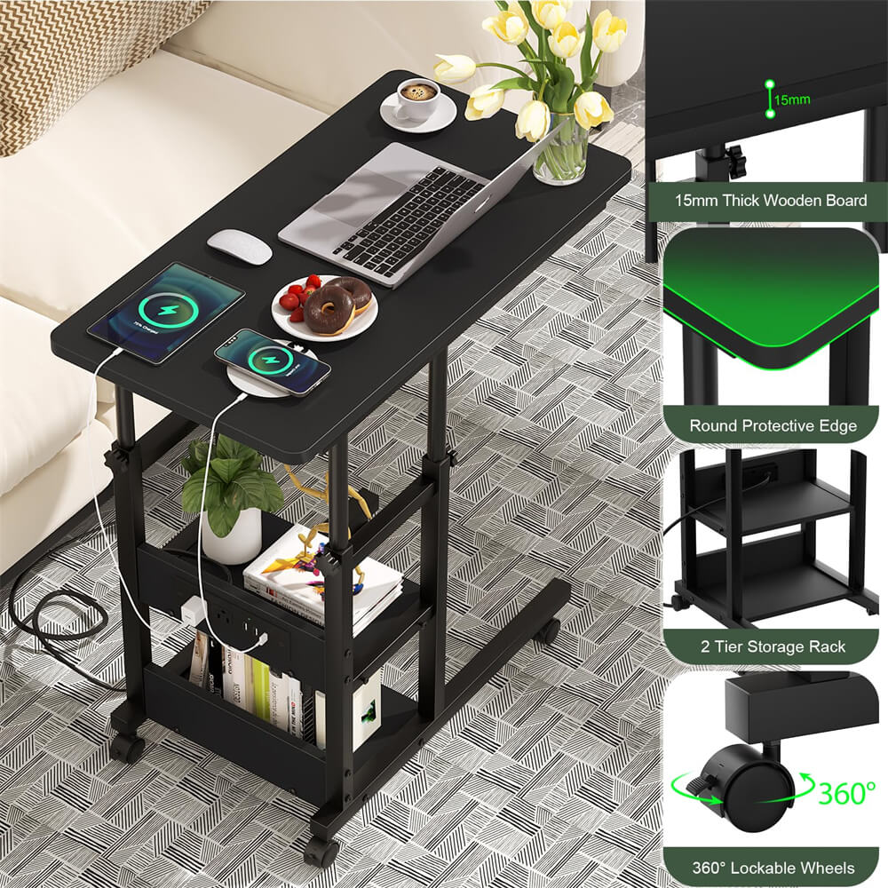 2-Tier Height Adjustable C Shaped End Table with Charging Station, with USB Ports and Wheels