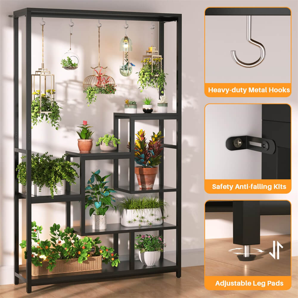 6-Tier Plant Stand with Grow Lights, Large Indoor Plant Holders Stand with Hanging Hooks