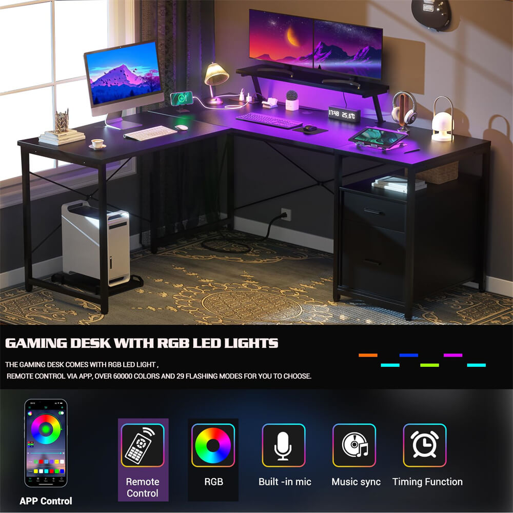 Unikito L-Shaped Desk with Power Outlet and LED Strip, Reversible File Drawer and Monitor Stand, Gaming Table Writing Desk for Home Office Workstation