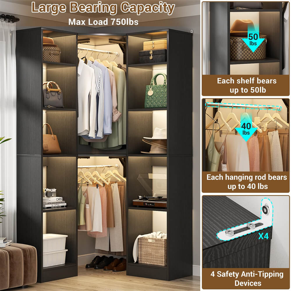 40 Inch L Shaped Corner Closet System, with 12 Shelves, 2 Hanging Rods, 6-Tier Design