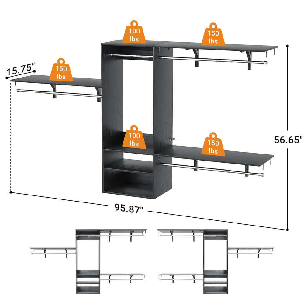 96 Inch Hanging Closet System, Wall Mounted Closet Wardrobe with Hanging Rod, and 3 Shelving Towers(Can Be Cut To Fit), DIY Support