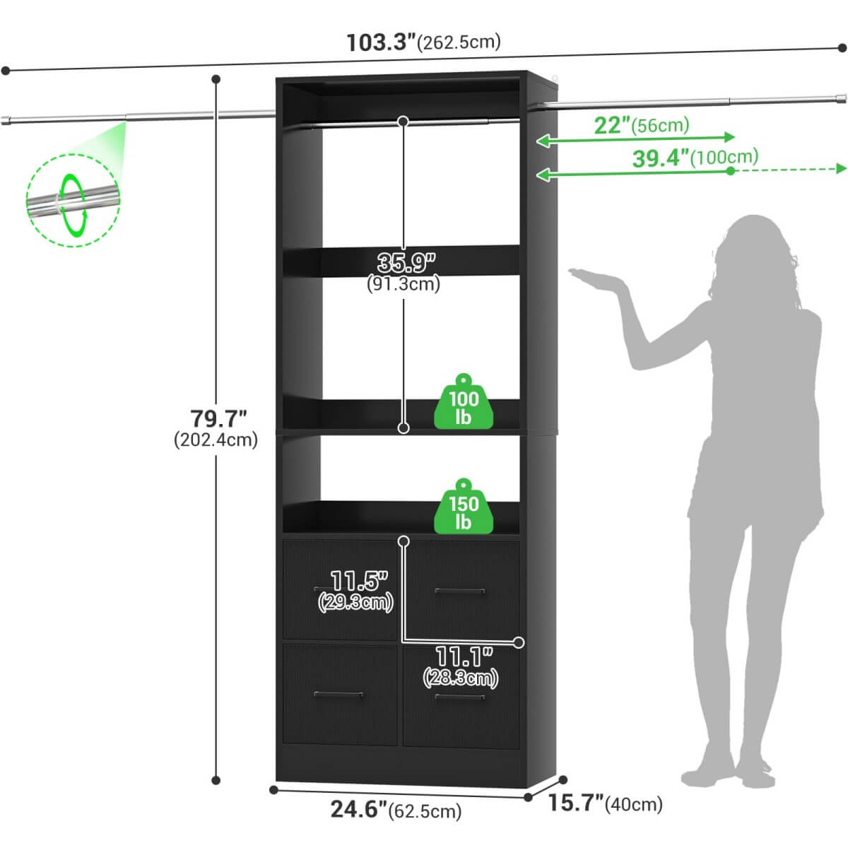 96 Inch Walk-in Closet Organizer System with 4 Fabric Drawers and 3 Hanging Rods, 1000 lbs Capacity