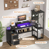 53 Inch Computer Desk with 2 Fabric Drawers, Reversible Home Office Desk with LED Lights, Power Outlets, Side Tall Shelf