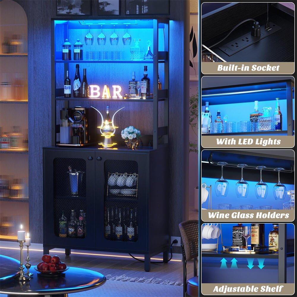 Unikito Tall Wine Bar Cabinet with LED Light and Power Strip, 67'' Standing Liquor Cabinet with Door & Glass Holder, Coffee Bar Cabinet, Bakers Rack Cabinet, for Living Room, Kitchen