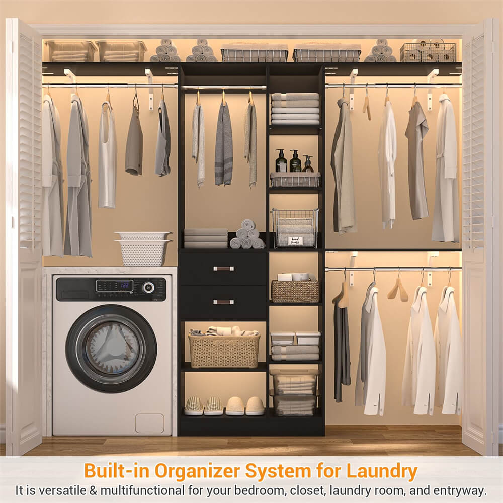 8FT Heavy Duty Closet Organizer System, Walk In Closet System with 13 Shelves and 2 Wood Drawers